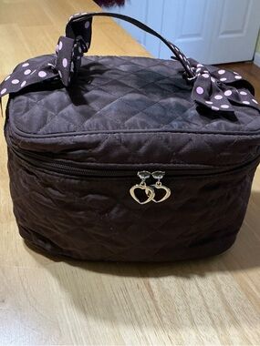 Quilted Brown Cosmetic Train Case with Heart Zipper Pulls